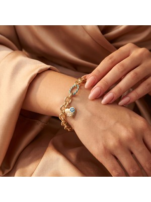 cm Jewelry Vıp Seri 316L Çelik Gold Renk Mavi Mineli Yonca Desenli Kalp Charm Bileklik 17 cm Ayarlamalı