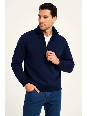Zenviaa Erkek Dik Yaka Sweatshirt Dik Yaka Yarım Fermuarlı 3 Iplik Pamuk Kumaş - Lacivert Zenvia