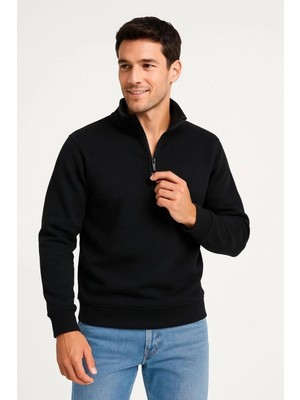 Zenviaa Erkek Dik Yaka Sweatshirt Dik Yaka Yarım Fermuarlı 3 Iplik Pamuk Kumaş - Siyah Zenviaac1