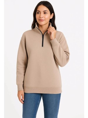 Zenviaa Kadın 3 Iplik Dık Yaka Yarım Fermuarlı Sweatshirt - Bej ZENVIAAC12