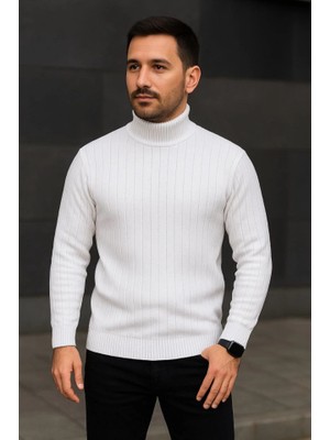 TeknoKapsül Erkek Balıkcı Yaka Bağazlı Triko Kazak Pamuklu Kalın Fitilli Dokuma, Regular Fit Uzun Kollu Kışlık Model - Beyaz - Saks Beyaz / Xl