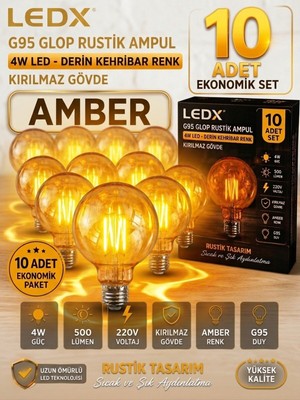 Ledx 10 Adet G95 Rustik LED Ampul 4,5W Amber E27 ,balon Kırılmaz GÖVDE,500 Lümen,dekoratif Vintage Edison Glop Ampul 220V, Enerji Tasarruflu Uzun Ömürlü LED Lamba Seti