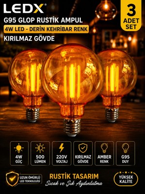 Ledx 3 Adet G95 Rustik LED Ampul 4,5W Amber E27 ,balon Kırılmaz GÖVDE,500 Lümen,dekoratif Vintage Edison Glop Ampul 220V, Enerji Tasarruflu Uzun Ömürlü LED Lamba Seti