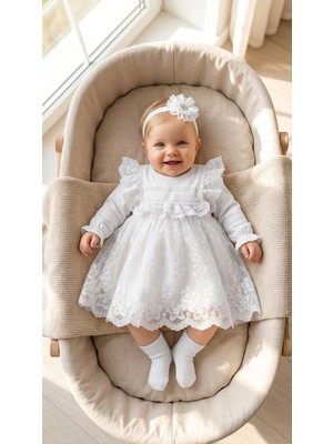 Bebila Baby Kız Bebek Mevlütlük Elbise Bandanalı Dantelli Yenidoğan Hastane Çıkışı Gelinlik Abiye Mevlitlik 4039
