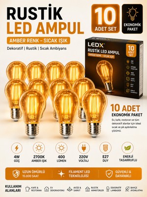 Ledx 10 Adet Kırılmaz Rustik LED Ampul 4W Amber Işık 400 Lümen E27 Dekoratif Filament Ampul Otantik Cafe Restoran Ev Aydınlatma,dekoratif Vintage Edison Glop Ampul 220V,