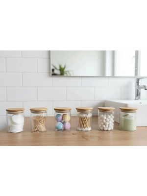Mikasso Bambu Kapaklı Cam 6'lı Banyo Seti - Sticker HEDİYELİ-200ML- Cam Kahverengi