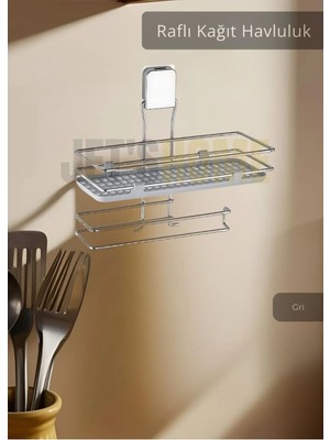 Mikasso Yapışkanlı Raflı Kağıt Havluluk Paslanmaz Peçetelik Çelik Banyo Havluluk Düzenleyici Gri Gri Metal