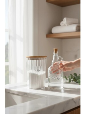 Mikasso Ahşap Kapaklı Çizgili Deterjan Kavanozu 2300ML-SIVI Deterjan Şişesi 1000ML(ŞEFFAF Etiket) Plastik Be