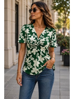 TeknoKapsül Kadın Kısa Kollu V Sarmal Yakalı Çiçek Desenli Süprem Bluz - Yeşil / 2xl-3xl