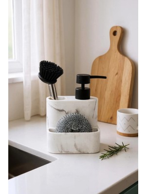 Mikasso Polyresin Mermer Fırçalı Süngerli Tezgah Üstü Sıvı Sabunluk Mutfak Banyo Deterjanlık Poliresin Beyaz