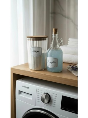 Mikasso Ahşap Kapaklı Oval Deterjan Kavanozu Saklama Kabı(2.3litre) + Cam Yumuşatıcı Şişesi 1000ML Plastik B