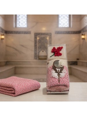 Mikasso El Yapımı Hamam Hediye Seti - Keçe Sabunlu , Havlu ve Magnet Ayna Pamuk Pembe