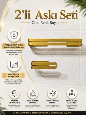 Mikasso Metal Şık Banyo Askı Takımı,havlu Askısı &tuvalet Kağıtlığı,kendinden Yapışkanlı,gold ve Siyah Renk