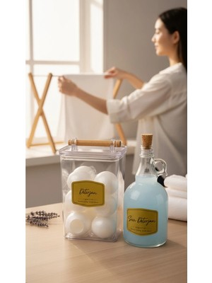 Mikasso Ahşap Kulplu Kapaklı Deterjan Kavanozu 2000ML + Sıvı Deterjan Şişesi 1000 ml Çamaşır Odası Organizer