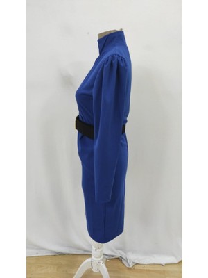 TeknoKapsül Kadın Uzun Kollu Hakim Yaka Beli Kemerli Cepli Midi Ithal Krep Elbise - Saks Mavi / 2xl-3xl