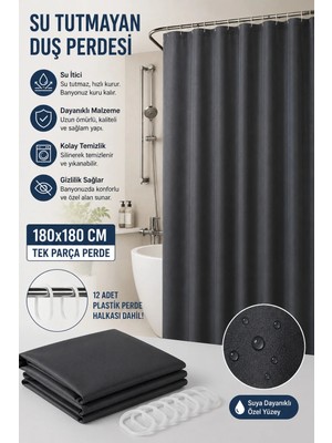 Mikasso Banyo Duş Perdesi ve 12 Adet Halka Seti 180X180CM Tek Parça Su Tutmaz LC031 Gri
