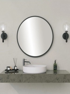 Mikasso Siyah Dekoratif 58CM Yuvarlak Ayna Antre Koridor Duvar Aynası Salon Banyo Wc Ofis Aynası Ahşap Siyah