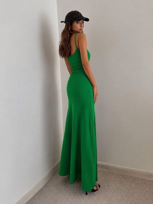 TeknoKapsül Kadın Ip Askılı Yuvarlak Yakalı Uzun Sandy Elbise - Yeşil / 2xl-3xl