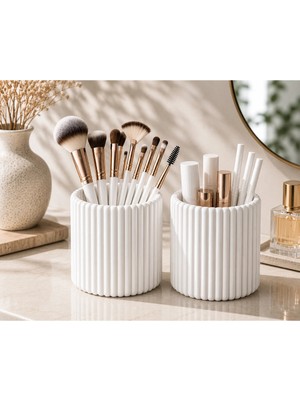 Mikasso Minimal Çizgili Çok Amaçlı Organizer – 2’li Set | Makyaj Fırçalık & Kalemlik (15X15) Plastik Beyaz