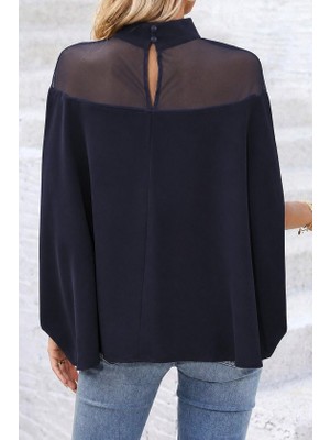 TeknoKapsül Kadın Balıkçı Yaka Tül Detaylı Yanlardan Açık Geniş Kesimli Sandy Bluz - Lacivert / 2xl-3xl
