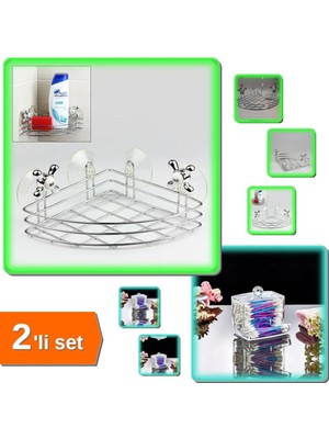 Mikasso Çok Amaçlı Banyo Köşe Organizeri + Kulak Çubuğu Organizeri - Kolay Montaj Kullanım - 2li Set C0Q5H7