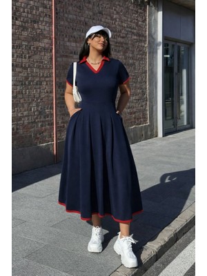 TeknoKapsül Kadın Kısa Kollu V Yakalı Pileli Uzun Janjan Krep Elbise - Lacivert / 2xl-3xl
