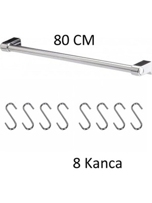 Mikasso Mutfak Askılık - Banyo- Askılık Genel Amaçlı Duvar Askısı Krom 80 cm Boru 8 Adet Askı Metal Bej