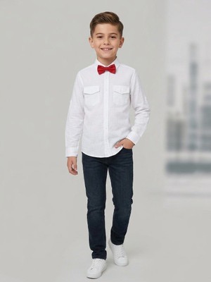 Moda Rüyası Kırmızı Papyonlu Beyaz Pamuklu Cepli Erkek Çocuk Gömlek