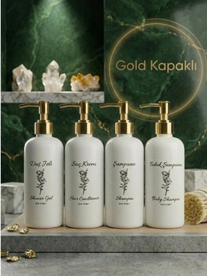 Mikasso 4 Adet Gold Kapaklı Banyo Şişe Seti Beyaz 500ML - Şampuan Şişesi- Plastik Plastik Beyaz