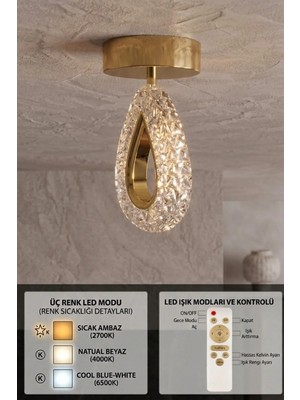 Akgül Sirius Tekli Lüks Kristal Plafonyer Kumandalı Gold Tavan LED Avize