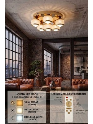 Akgül Stella 6 Toplu Lüks Simli Tavan Plafonyer Kumandalı Gold LED Avize
