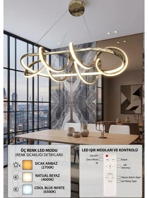 Akgül Karya Modern Dalga Kumandalı Gold Masaüstü Sarkıt LED Avize