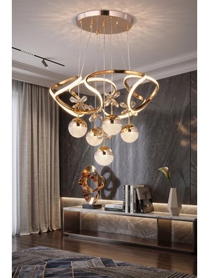 Akgül Nebula Helezon 4+1 Kelebek Mika Taşlı Sarkıt LED Avize Gold 3 Renk
