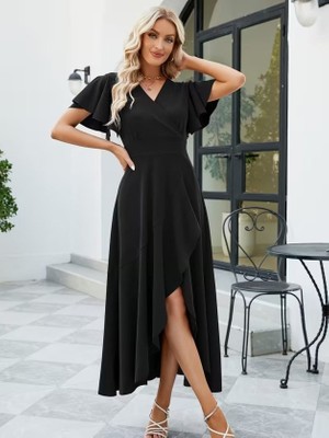 TeknoKapsül Kadın Kısa Kollu Kruvaze Yakalı Ön Asimetrik Volanlı Uzun Ithal Krep Elbise - Siyah / 2xl-3xl
