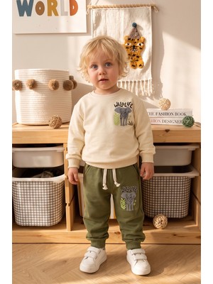 Babymod Erkek Çocuk Safari Desenli %100 Pamuk Sweatshırt Eşofman Alt-Üst Takım