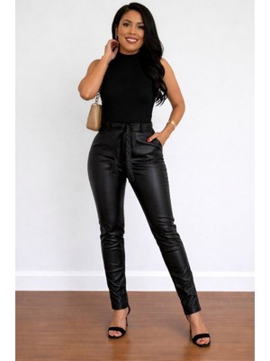 TeknoKapsül Kadın Yüksek Bel Kuşaklı Deri Pantolon - Siyah / 2xl-3xl