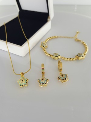 Sones Aksesuar 14 Ayar Rengi Nazar Gold Çelik Takı Set