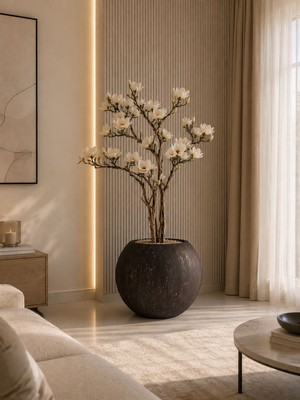 Solis Home Eskitme Antrasit Noktalı Küre Saksı - Çizgili Beton Görünümlü Modern Polyester Yuvarlak Salon Saksısı