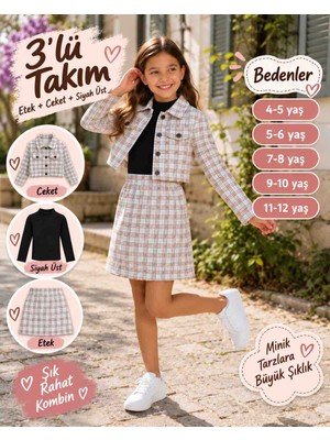 ​kız Çocuk Ekoseli Ceket, Etek ve Badili 3'lü Şık Kombin Takım