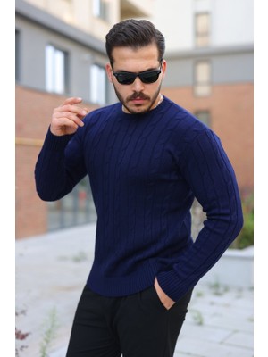 TeknoKapsül Erkek Örgü Desen Bisiklet Yaka Kazak - Lacivert / 2xl