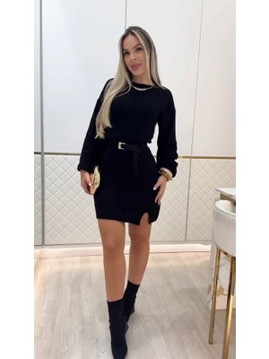 TeknoKapsül Kadın Uzun Kollu Yuvarlak Yakalı Kısa Triko Elbise - Siyah / Standart