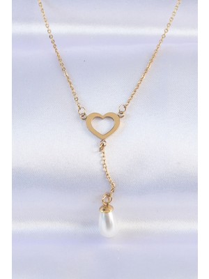Inure Jewelry 316L Çelik Zincir Gold Renk İnci Taş Detay Kalp Kolye