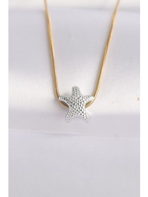 Inure Jewelry 316L Çelik Zincir Altın Renk Zincirli Gümüş Renk Deniz Yıldızı Tasarımlı Kolye