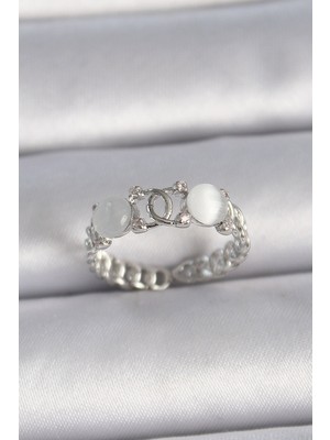 Inure Jewelry Pirinç Gümüş Renk Ayarlanabilir Zirkon Taşlı Beyaz Mineli Birleşik Halka Model Kadın Yüzük