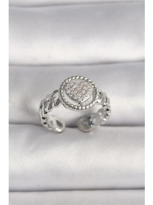 Inure Jewelry Pirinç Gümüş Renk Zincir Model Zirkon Taşlı Kalp Model Kadın Yüzük