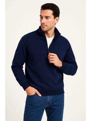 Lune Store Erkek Dik Yaka Sweatshirt Dik Yaka Yarım Fermuarlı 3 Iplik Şardonlu Pamuk Kumaş - Lacivert