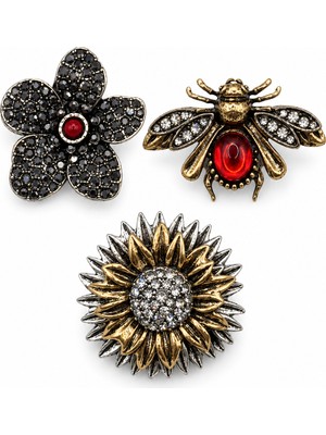 Stelle Jewelry 3’lü Taşlı Broş Seti – Arı, Çiçek ve Ayçiçeği Figürlü Vintage Kadın Broş