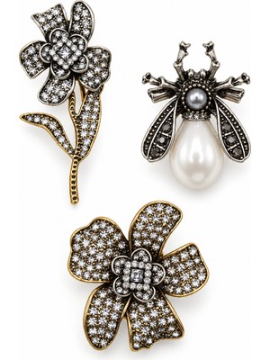 Stelle Jewelry 3’lü Taşlı Çiçek ve Incili Arı Broş Seti – Vintage Görünümlü Kadın Broş