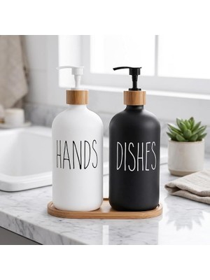 Bemy Ticaret 2'li Lüx Cam Sıvı Sabunluk, Mutfak ve Banyo Için Modern Cam Sıvı Sabunluk, Doldurulabilir ve Pompalı Trend Desenli (Siyah)