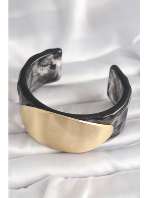 Dorasan Siyah Mermer Desen Akrilik Plastik Gold Oval Plaka Model Vintage Kadın Bilezik